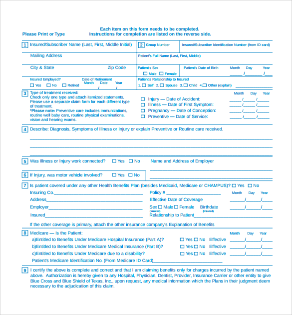 Free 14 Medical Claim Forms In Pdf Ms Word 1927