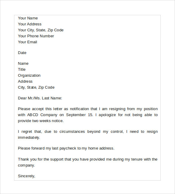 Sample Resignation Letter No Notice 7+ Free Documents In
