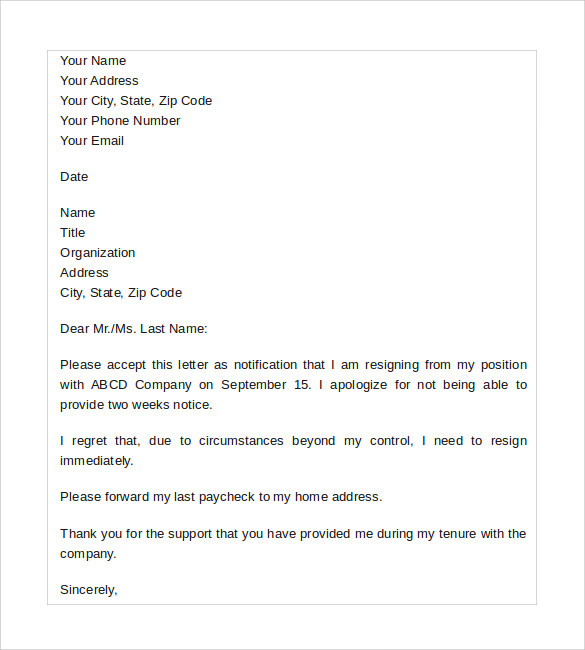 Images Beautiful Resignation Letter With Immediate Effect No Notice Template