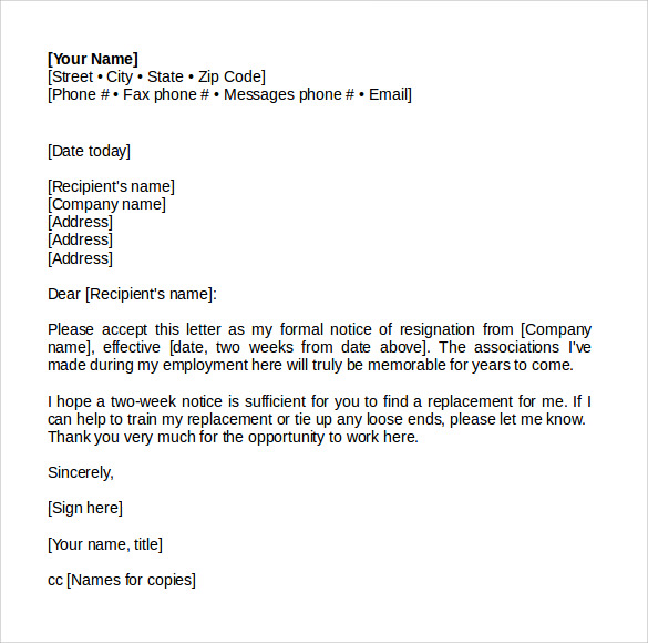 sample resignation letter