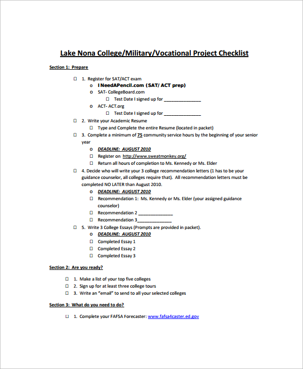 college project checklist template