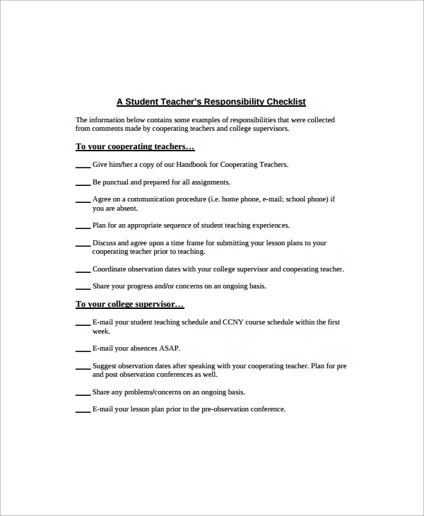 college teacher checklist template