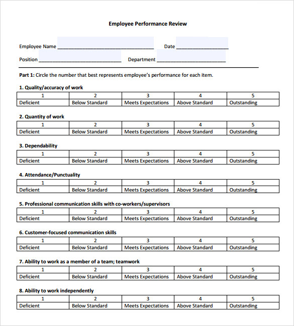 Sample Employee Performance Review Template 8 Free