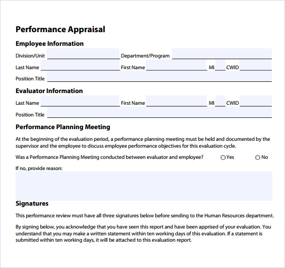 Sample Employee Performance Review Template 8 Free