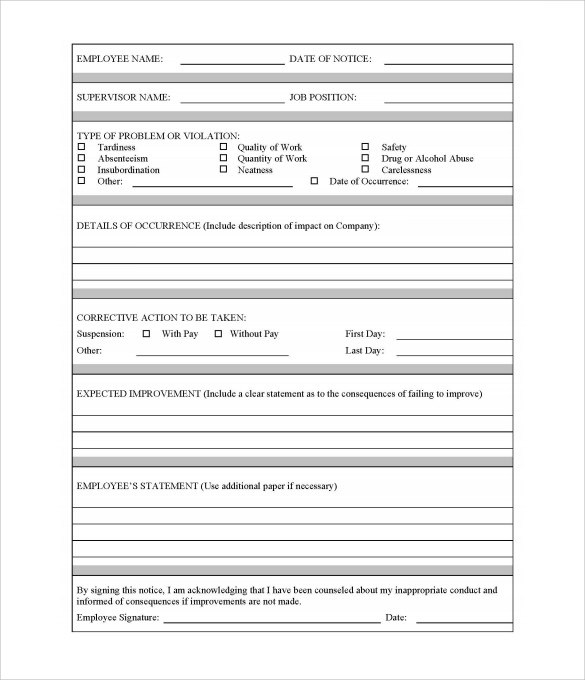 Free Employee Write Up Form Printable