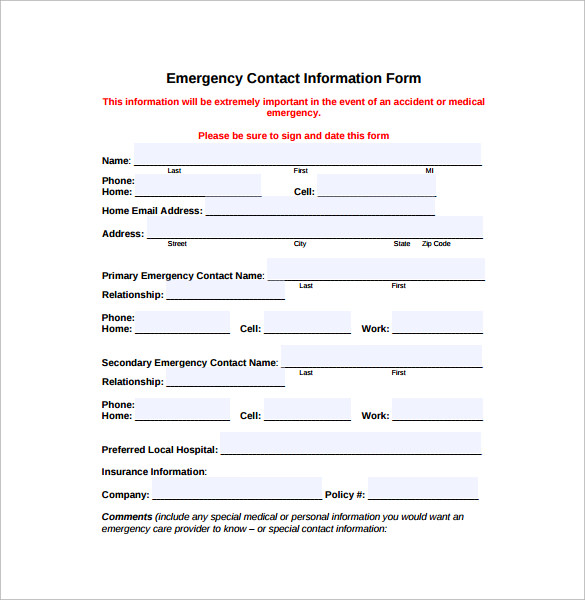 12 Sample Emergency Contact Forms to Download Sample Templates