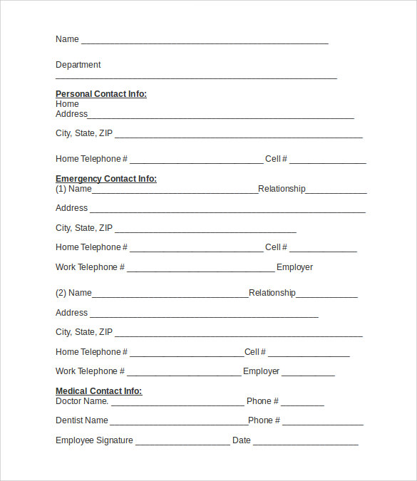 Free Emergency Contact Forms In Pdf Ms Word