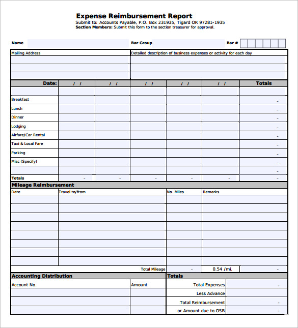 monthly expenses form reimbursement