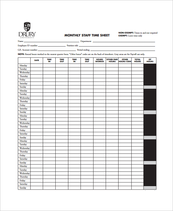 monthly employee timesheet calculator template