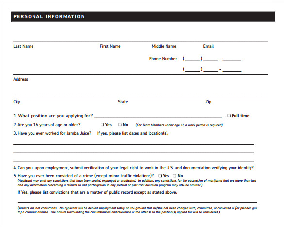 example of employee application form