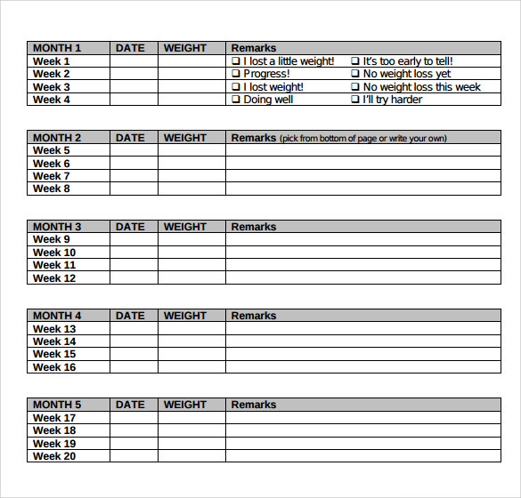 Weight And Exercise Chart