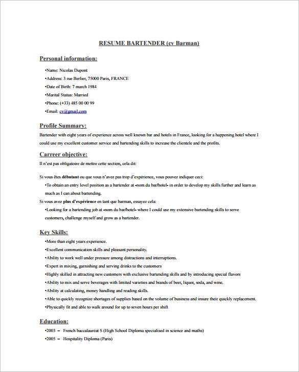 FREE 8+ Sample Bartender Resume Templates in PDF | MS Word