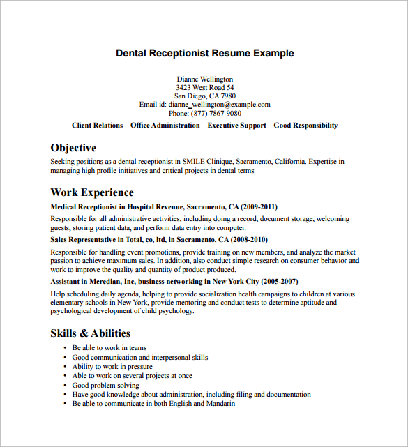 Dental Scheduling Template   Dental Receptionist Resume Example 