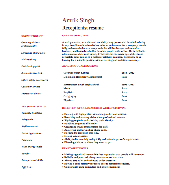 student receptionist resume free pdf
