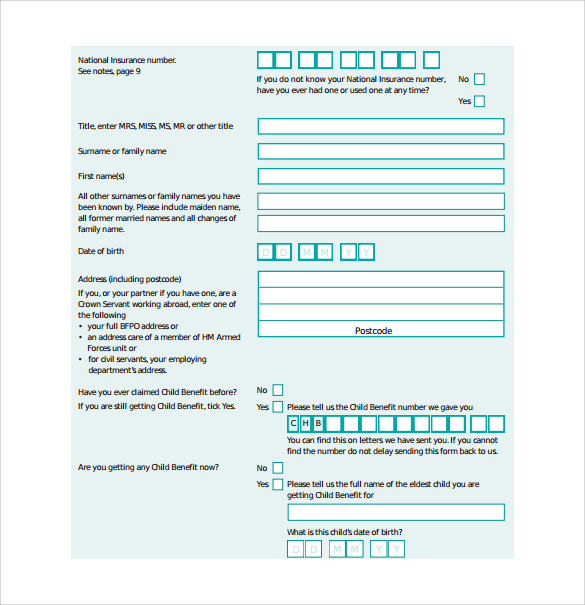 sample child benefit claim