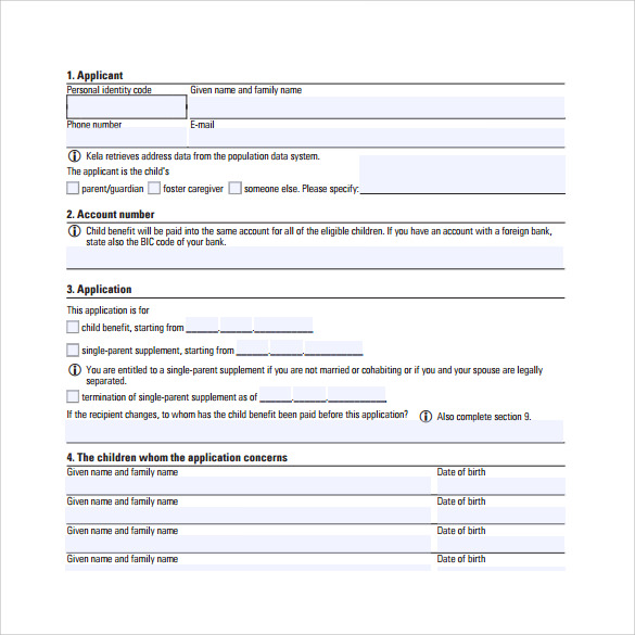 child application benifit form