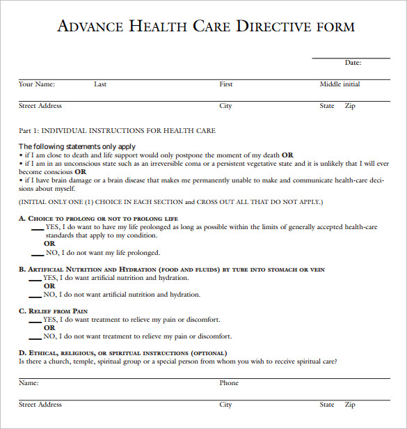 printable advance medical directive form