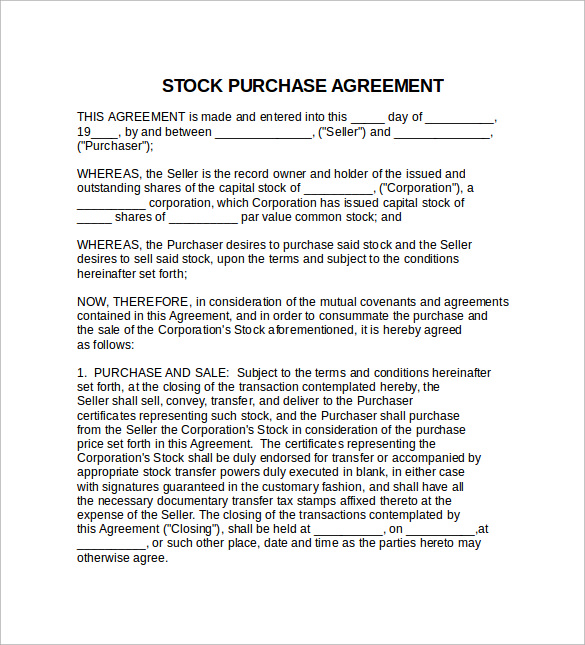 printable stock purchase agreement