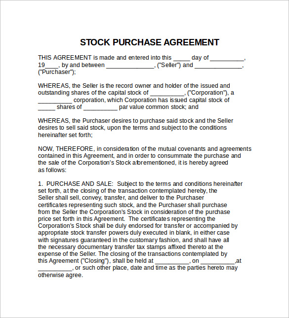 7 Sample Stock Purchase Agreement Templates To Download Sample Templates