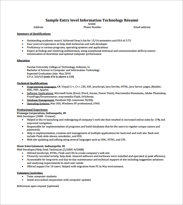 sample entry level information technology resume