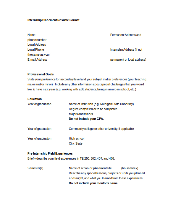 internship placement resume word format
