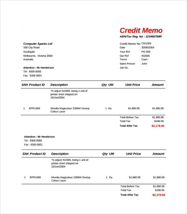 FREE 11+ Sample Credit Memo Templates in PDF  MS Word