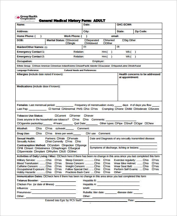 adult medical history form