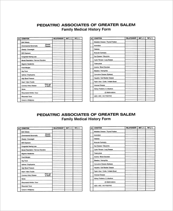 Printable Family Medical History Form Template