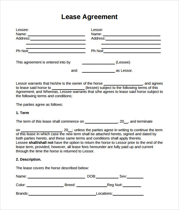 horse lease agreement template