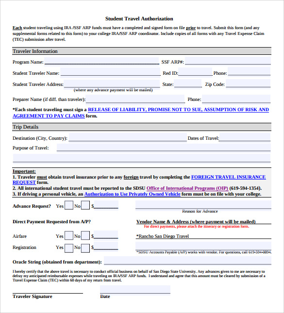federal travel authorization form