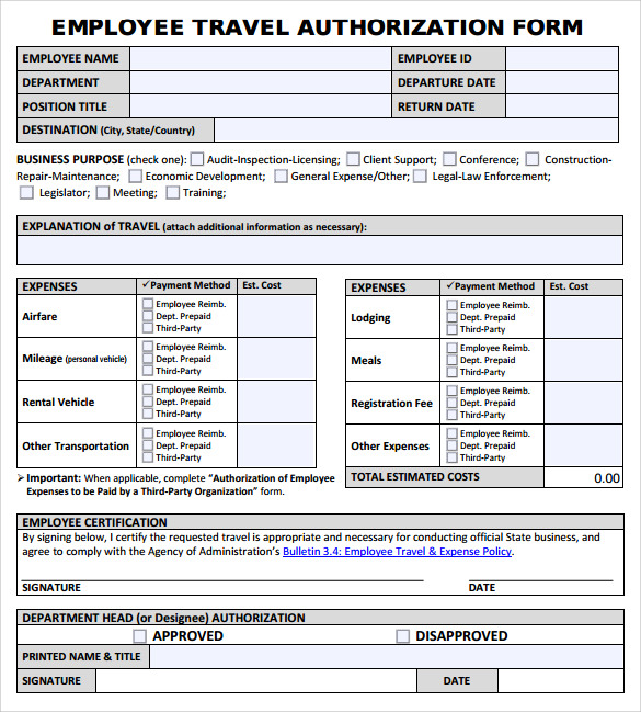 employee travel authorization form