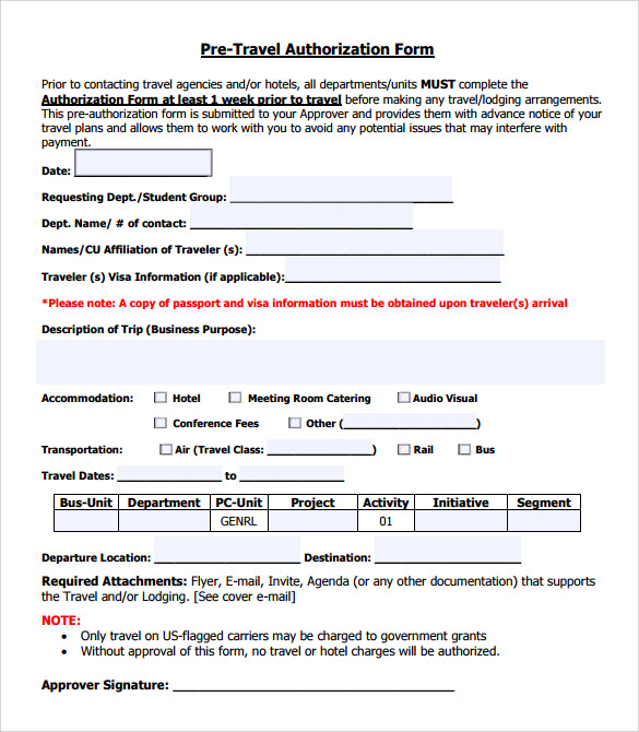 pre travel authorization form