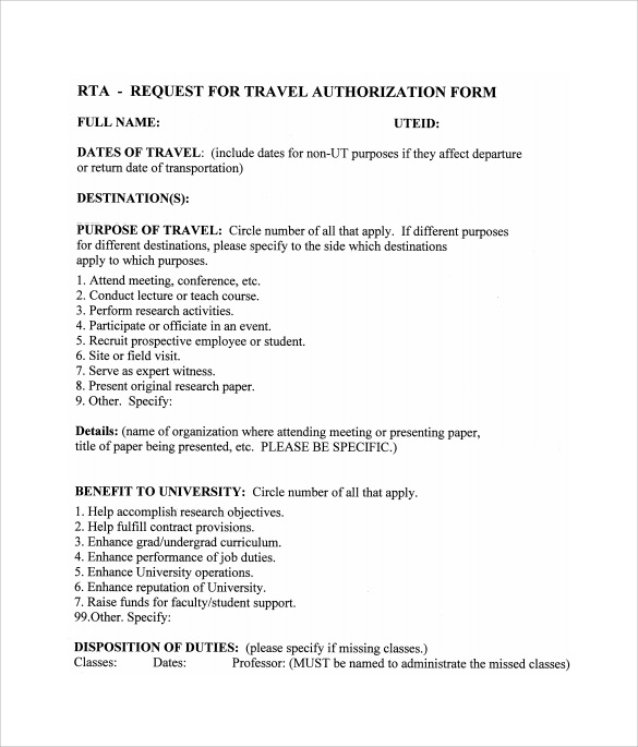 Free 8 Sample Travel Authorization Forms In Pdf Ms Word 2816
