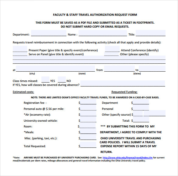 employee travel authorization form template