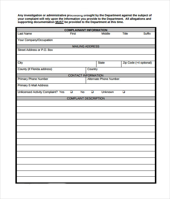 sample of complaint form
