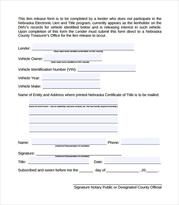 Printable Vehicle Release Form Auto Lien Release Request Letter