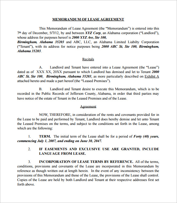 download pdf of association memorandum 9 Documents Agreement of  Memorandum Sample Free Lease