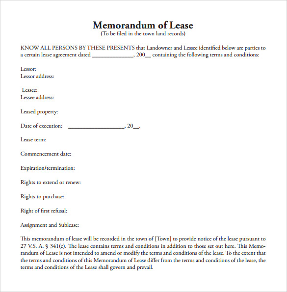 simple memorandum of lease agreement