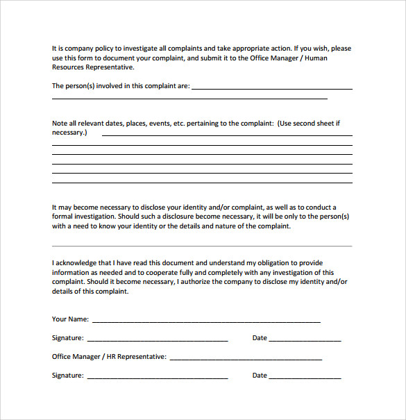 example of employee complaint form