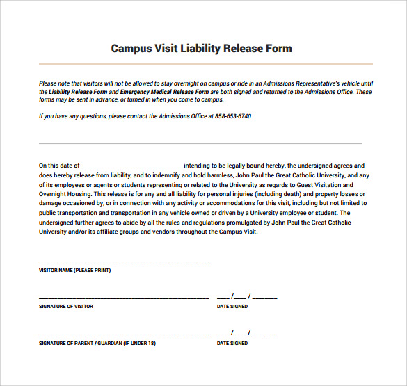 campus visit liability release form