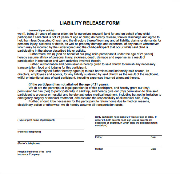 FREE 9+ Sample Liability Release Form Examples in PDF | MS ...