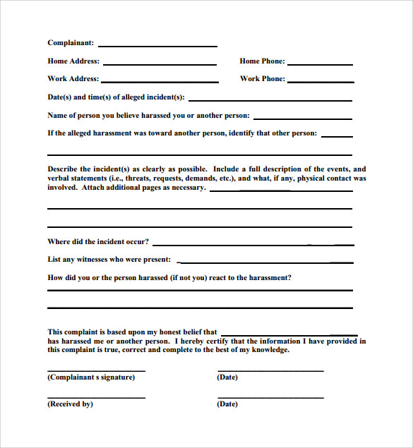 harassment complaint form of employee