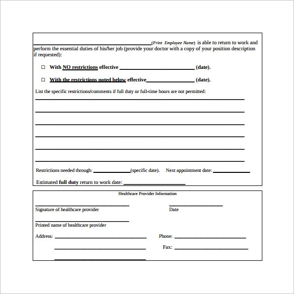 sample medical work release form