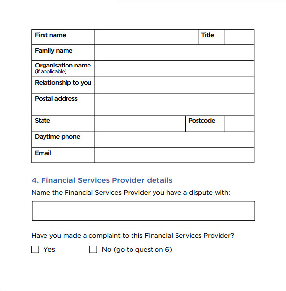 sample financial ombudsman complaint form