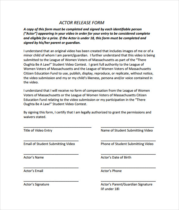 10 Sample Actor Release Forms To Download  Sample Templates