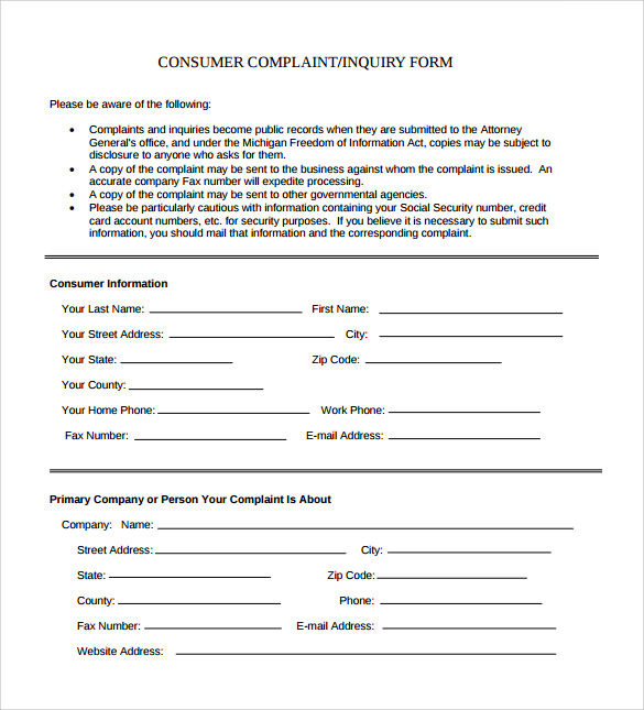 8 Sample Consumer Complaint Forms To Download Sample Templates