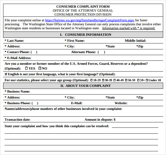 free download consumer complaint form