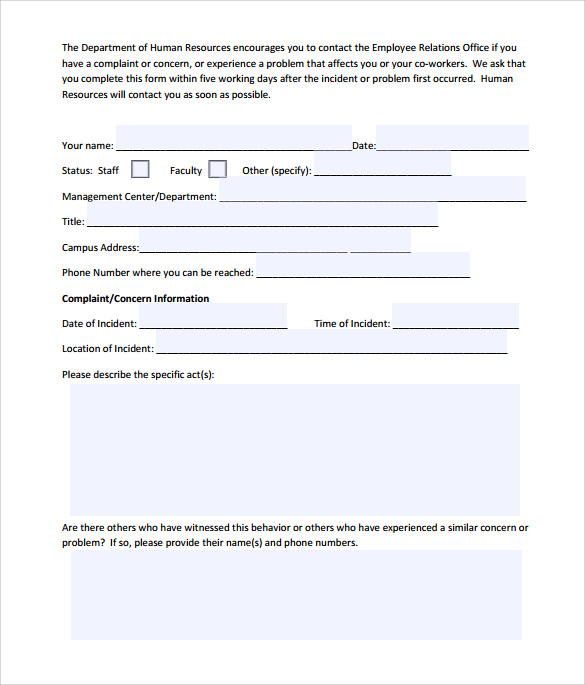 FREE 7+ Sample Employee Complaint Form Templates in PDF MS Word