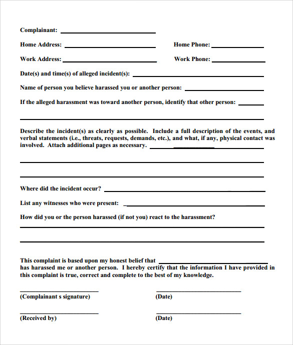 sample of employee complaint form