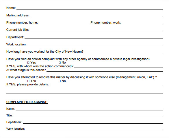 Sample Employee Plaint Form Template 7 Download Free